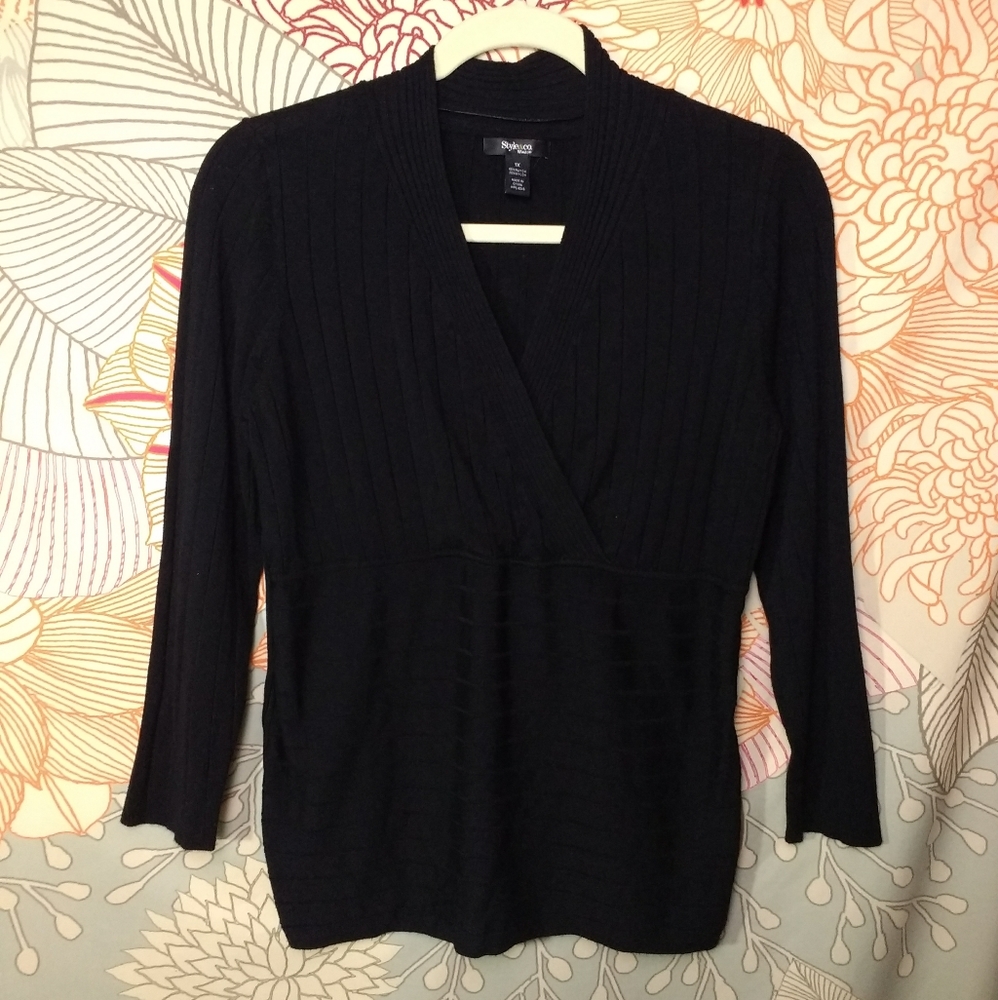 Style and Co Black Ribbed Faux Wrap Knit Top 1X